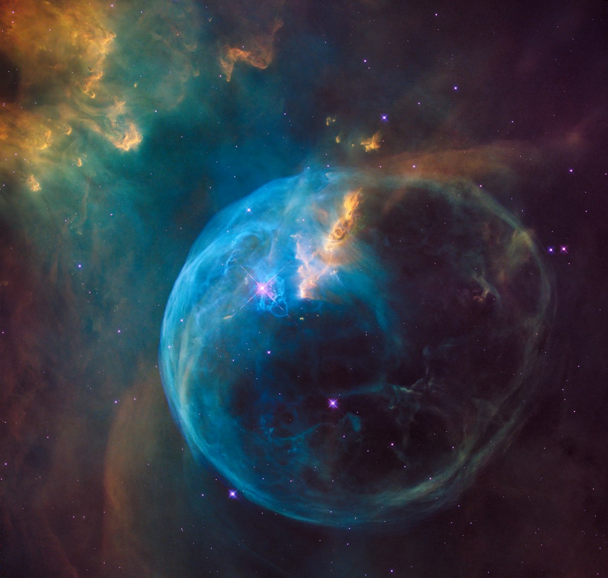 Vibrant glowing cosmic nebula and ancient newborn galaxies captured in deep space